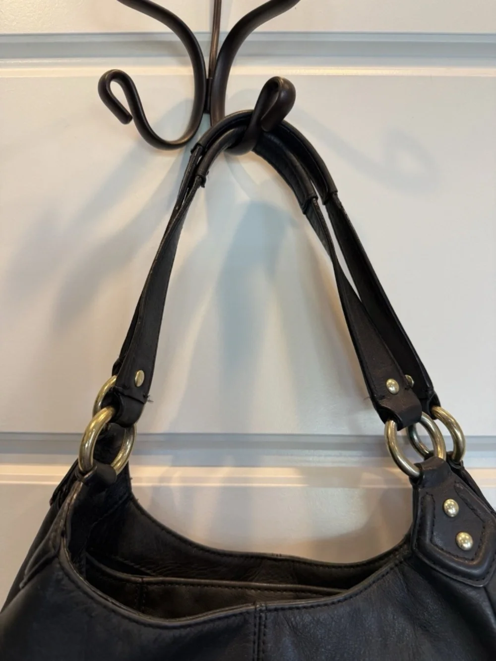 COACH Campbell F24686 Black Leather Large Hobo Shoulder Bag Chunky Brass Buckle